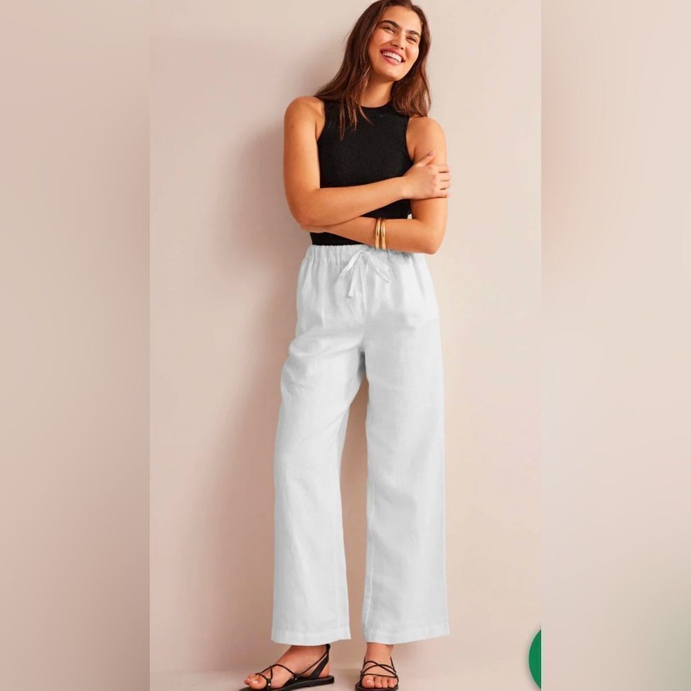 NWT  Boden Pants US 8P Long Linen Wide Leg White Womens Casual drawstring Button